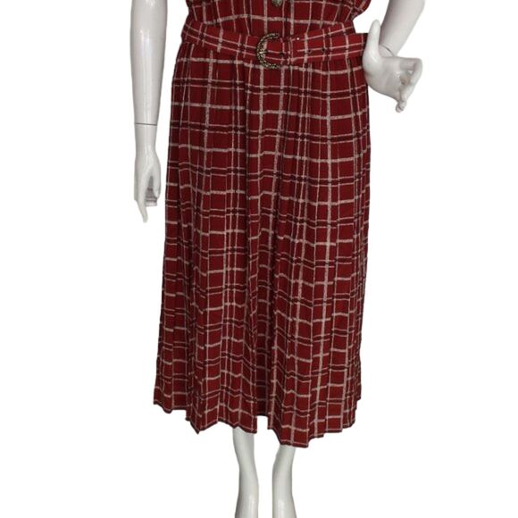 LESLIE FAY Midi Dress, XL, Dark Red Plaid, Short sleeve, Matching Belt, SS - Picture 6 of 12